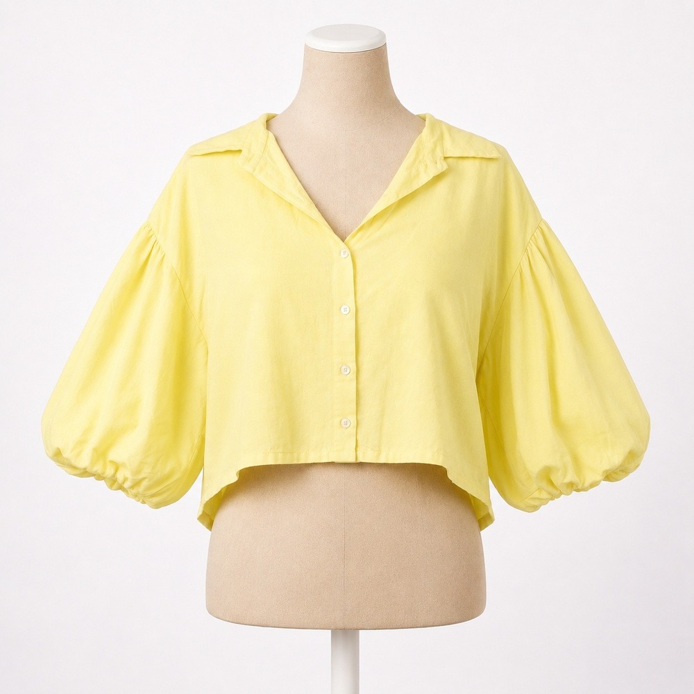 Linen Cotton Puff Sleeve Cropped Button Shirt Size 12 Butter Yellow Boho Coastal